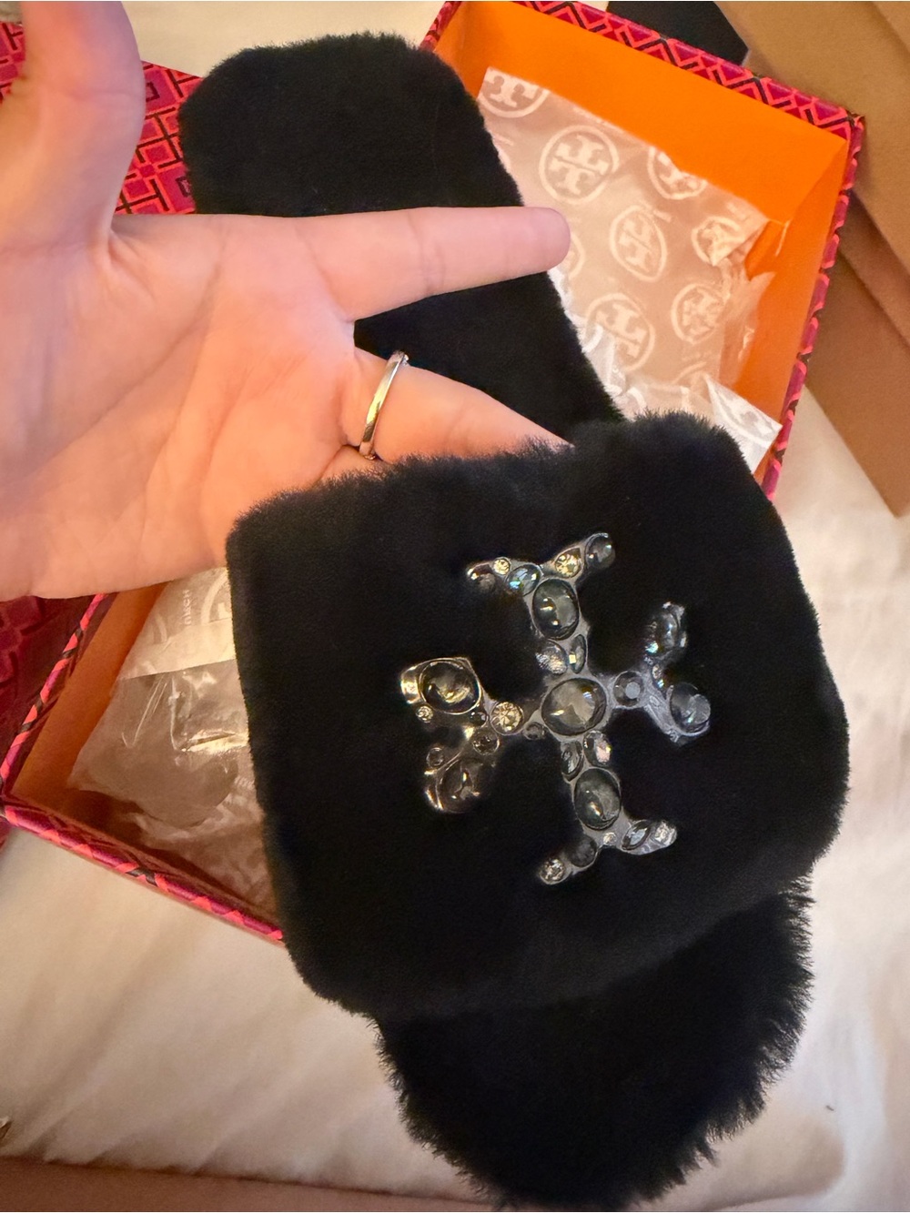 Tory Burch Black Fur Mini Bag with Crystal Logo Accent
